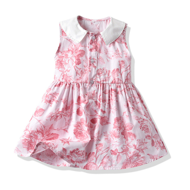 Children's Cotton Sleeveless Floral Doll Neck Dresses