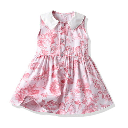 Children's Cotton Sleeveless Floral Doll Neck Dresses