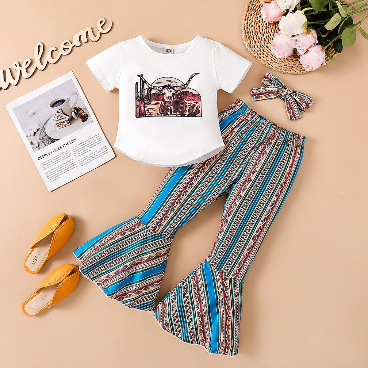 Polyester Tops Flare Pants Two Piece Children's Clothing Set