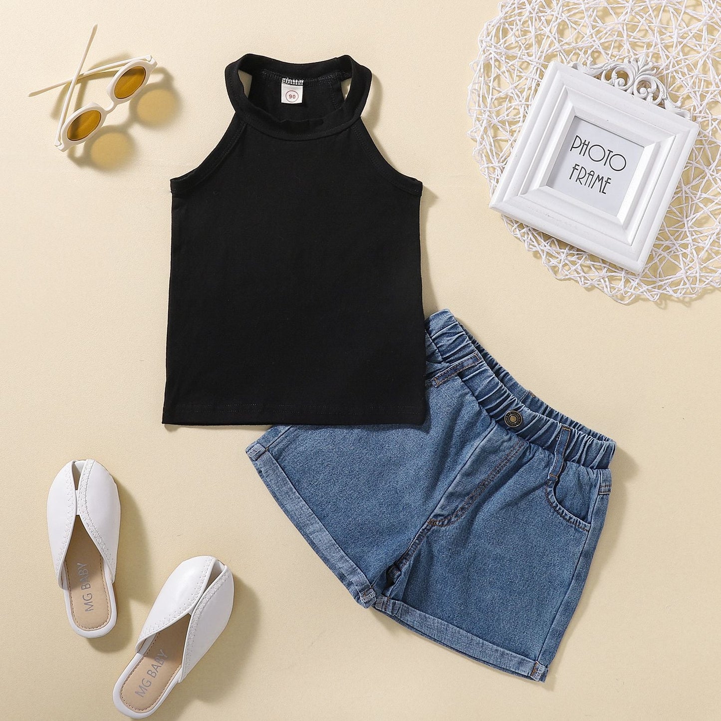 Short Solid Color Vest + Jeans Set Cotton Baby Clothes
