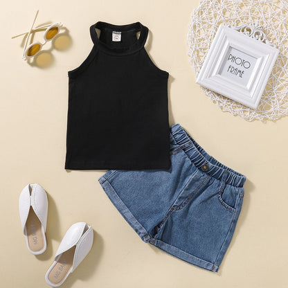 Short Solid Color Vest + Jeans Set Cotton Baby Clothes