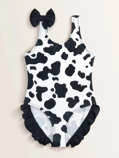 Baby Girls Ruffles Dairy Cow Black and White Bow Swimwear