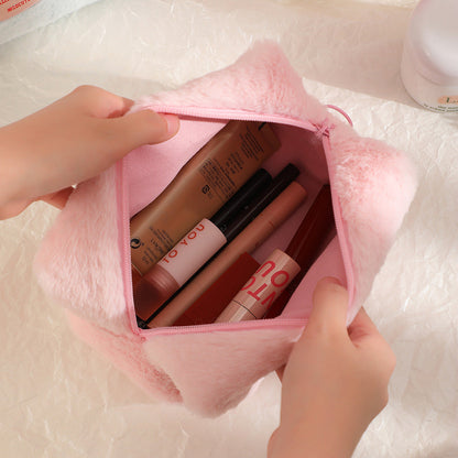 Girls Plush Solid Color Makeup Bag Large Capacity Stationery Storage Bag