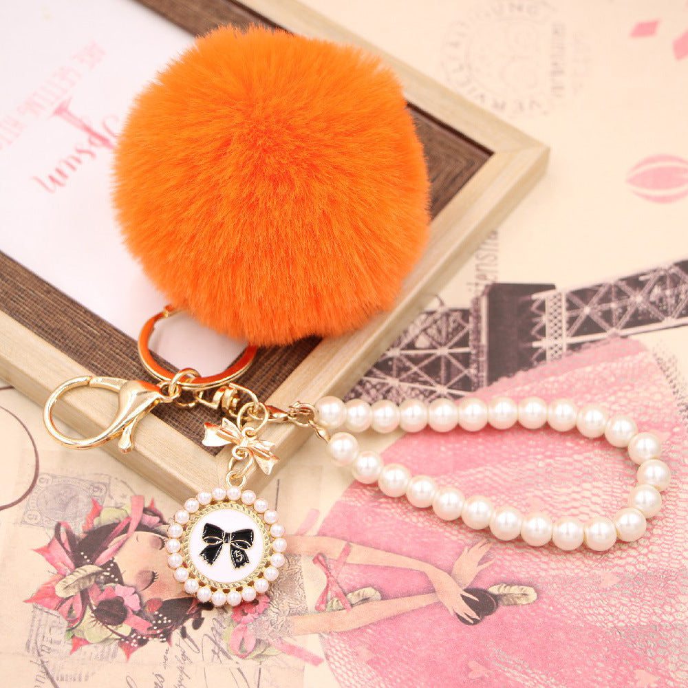 Imitation Rex Rabbit Fur Ball Pearl Chain Bow