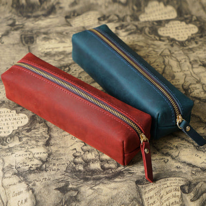 Handmade Cowhide Pen Large Capacity Storage Bag Zipper Pen Bag