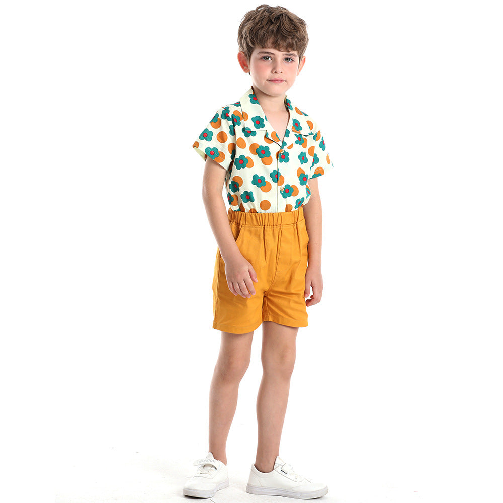 Children's Cotton Shirt Printed Short Sleeved Shorts Set