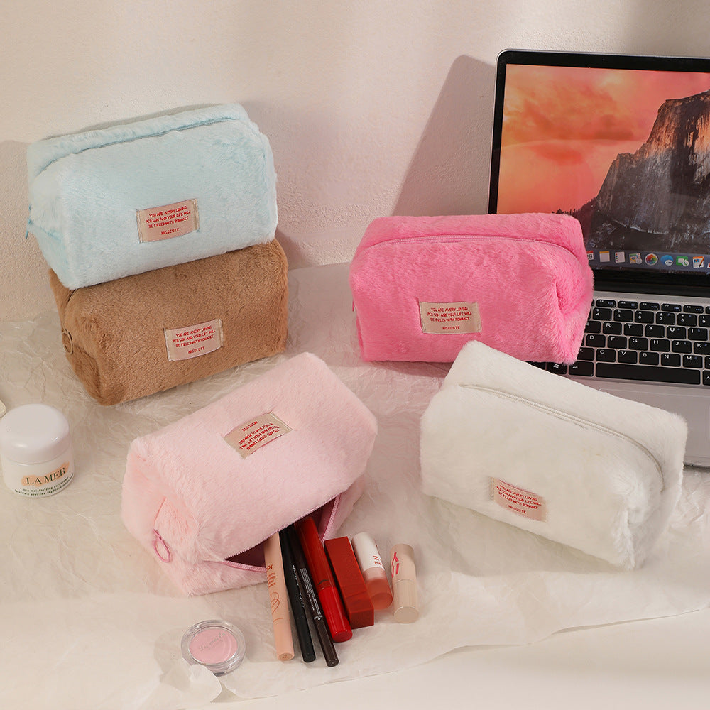 Girls Plush Solid Color Makeup Bag Large Capacity Stationery Storage Bag