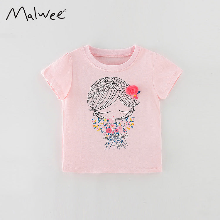 Girls' cartoon cotton short sleeve round neck