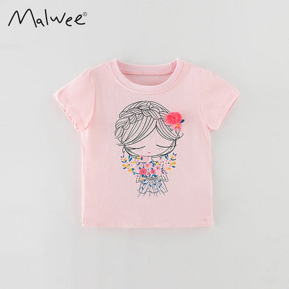 Girls' cartoon cotton short sleeve round neck