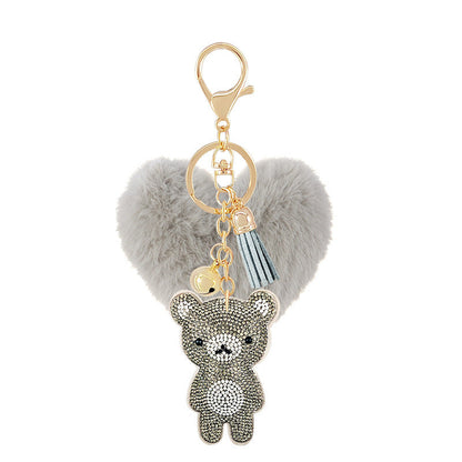Diamond Velvet Peach Heart Fur Ball Bear Key