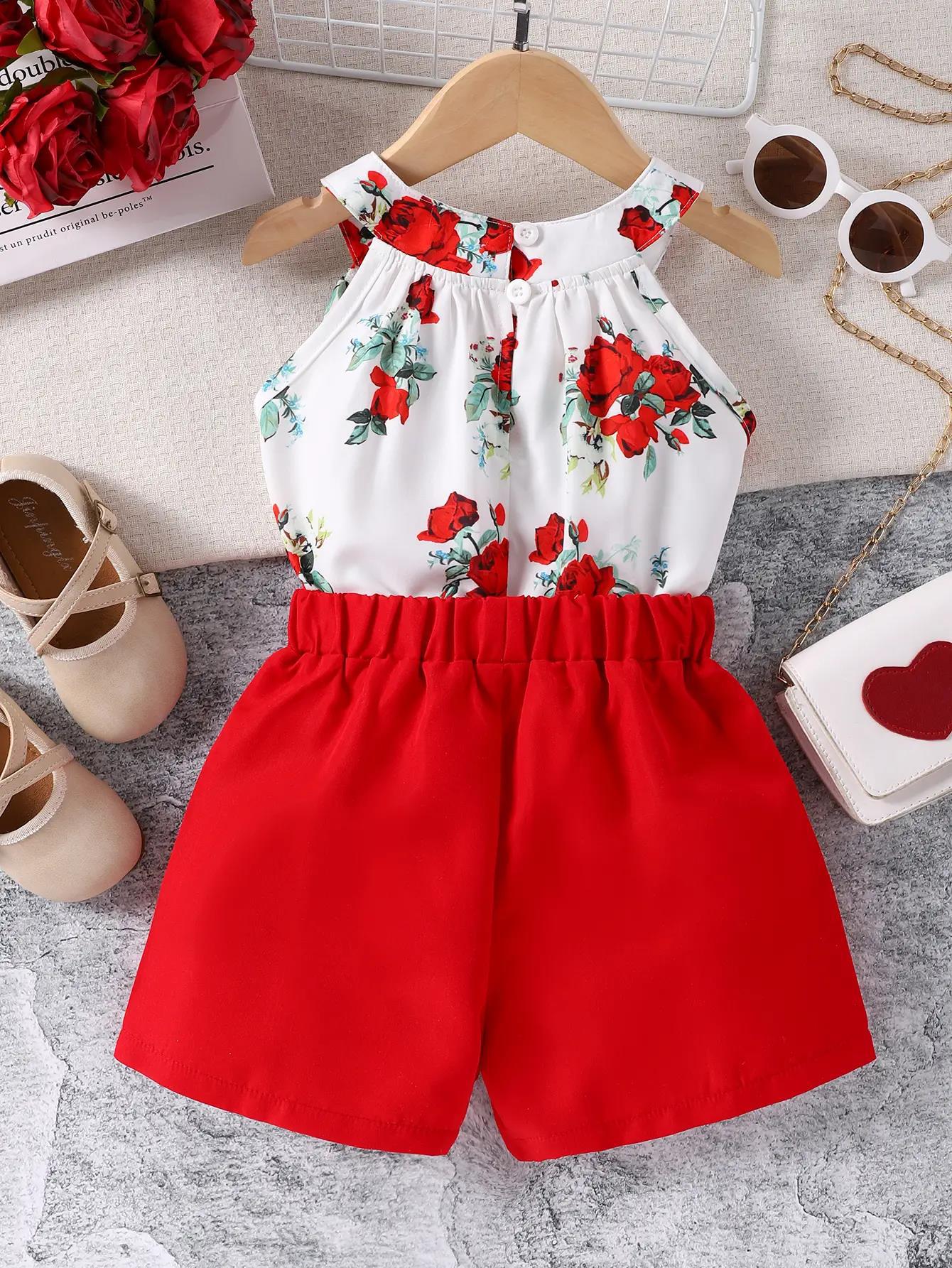 Round Neck Rose Print Top Shorts Two-piece Baby Clothes