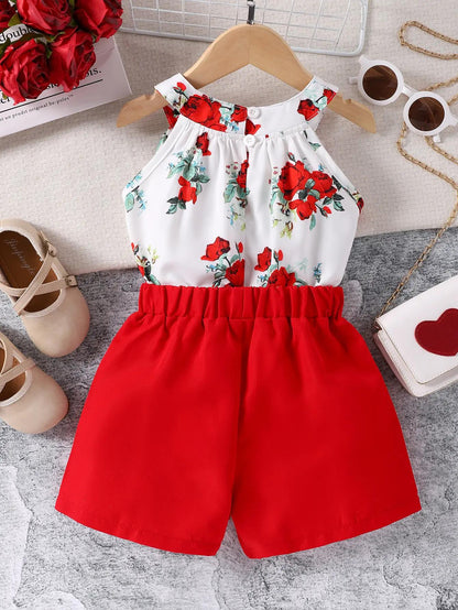 Round Neck Rose Print Top Shorts Two-piece Baby Clothes