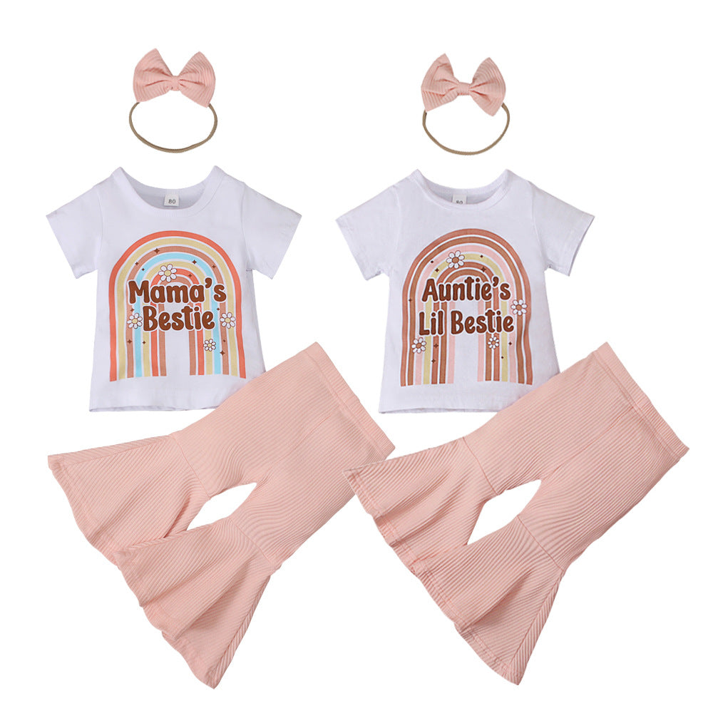 Children's MAMA Rainbow Pants Hair Rope Three-piece Set
