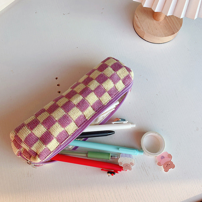 Checkerboard Knitted Large Capacity Wool Pencil Bag