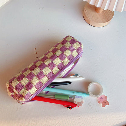 Checkerboard Knitted Large Capacity Wool Pencil Bag