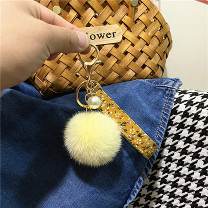 Plush Floral Ribbon Pom Keychain