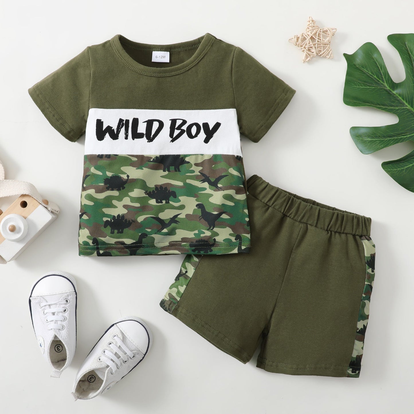 Cotton Camouflage Letter Print Short Sleeve Top Solid Color Shorts