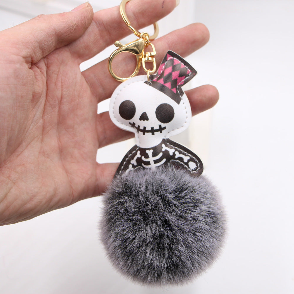 Halloween Leather Skull Fur Ball Keychain