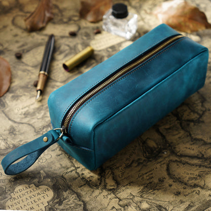 Header Cowhide Square Retro Mad Horse Leather Zipper Pens