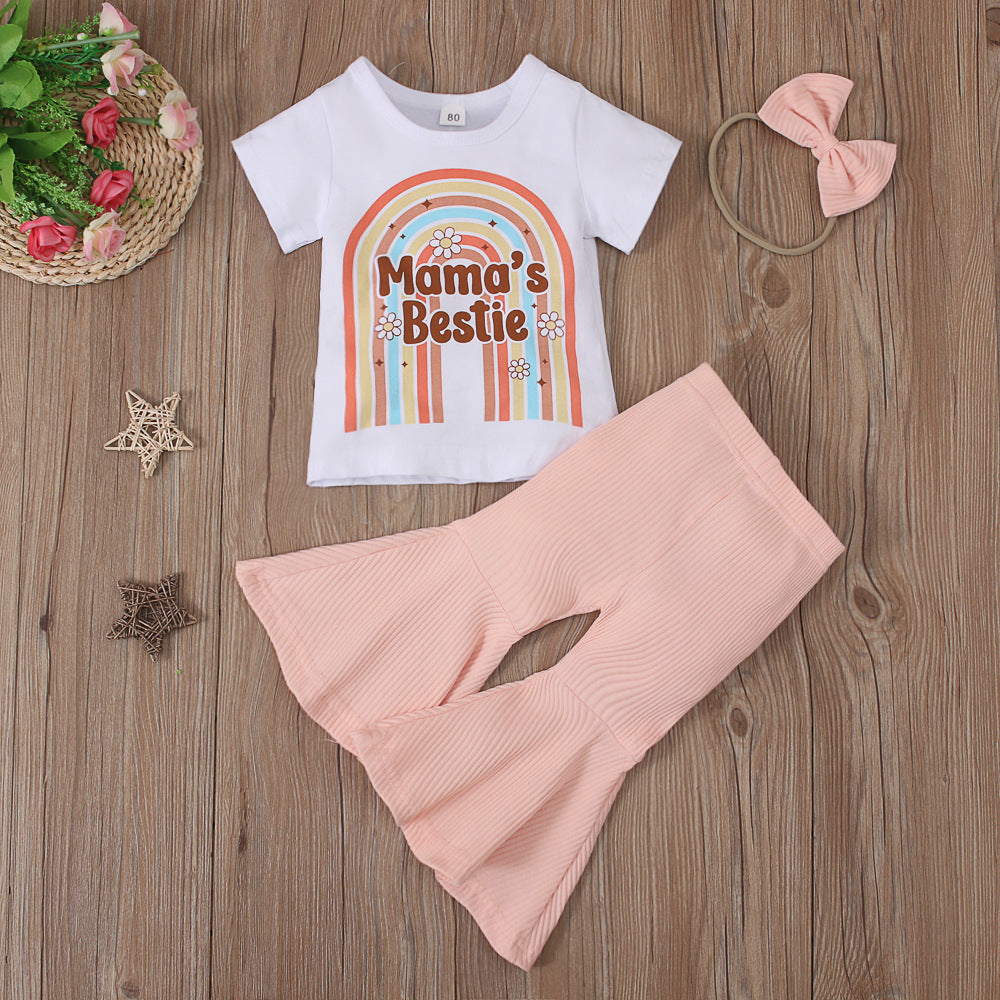Children's MAMA Rainbow Pants Hair Rope Three-piece Set