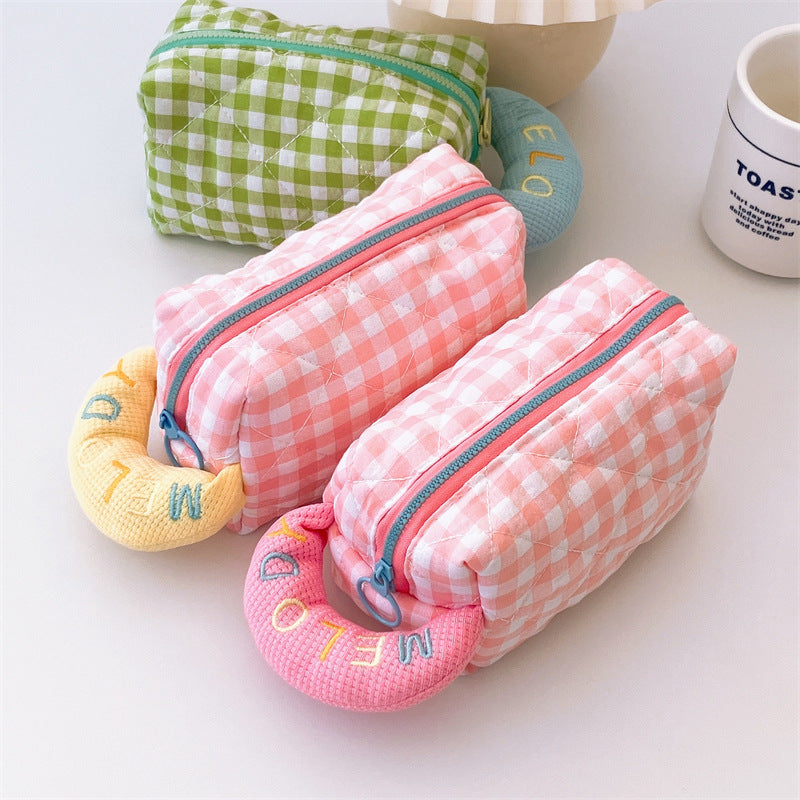 Plaid Cotton Embroidered Pencil Case