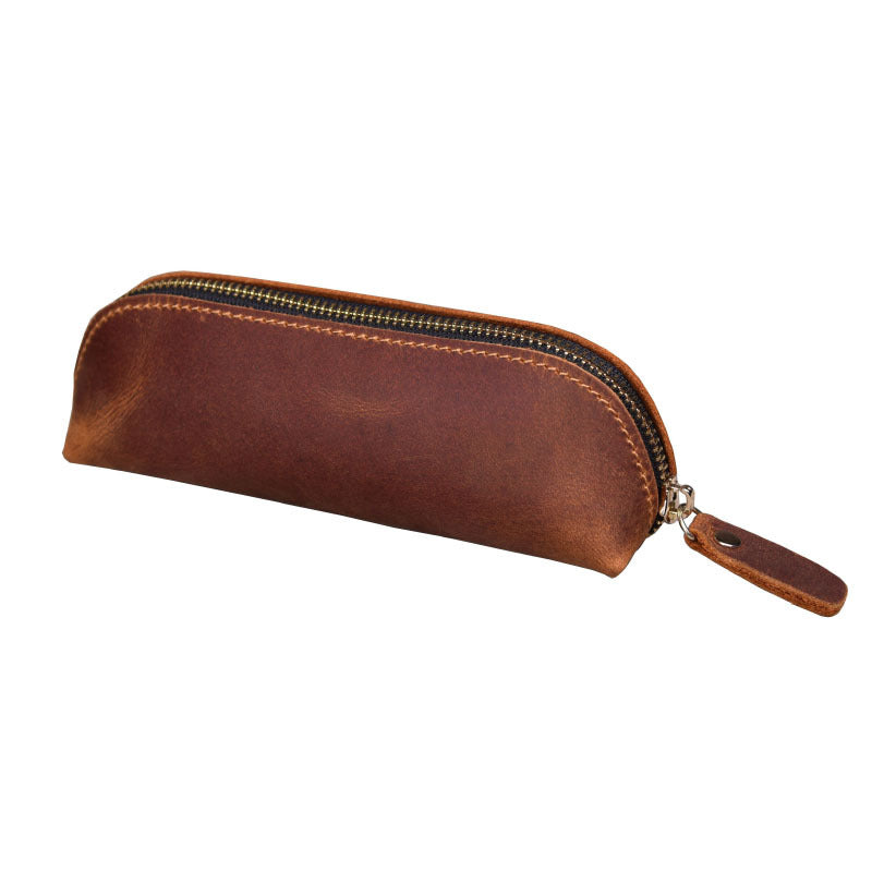 Vintage Minimalist Cowhide Zippered Pencil Case