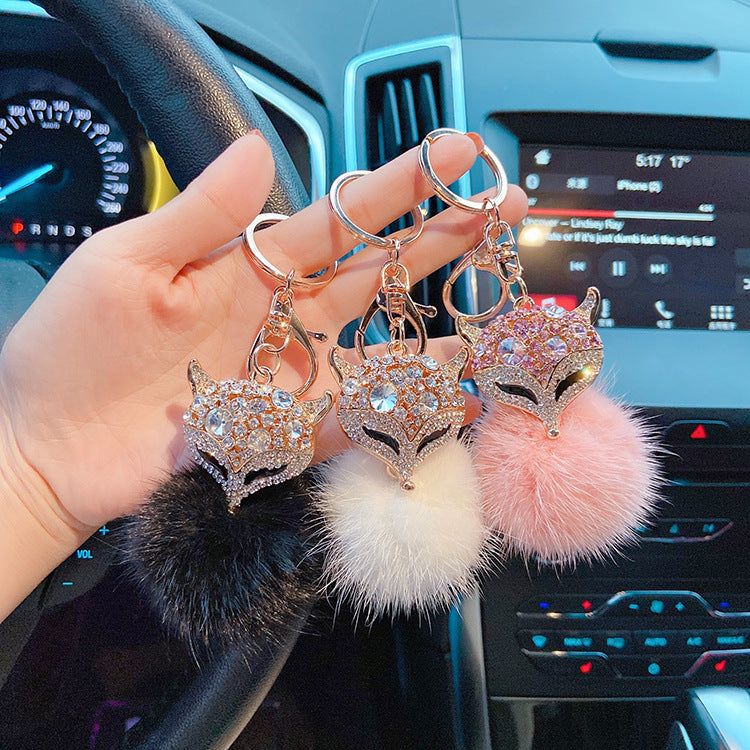 Mink Fur with Diamonds Crystal Fox Head Keychains