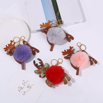 Christmas Leather Elk Santa Claus Fur Ball Keychain
