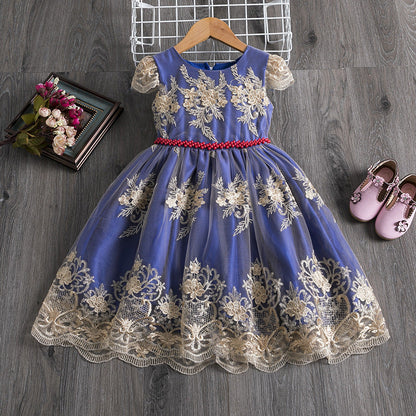 Polyester Girls Dress Bow Embroidered Princess Dress