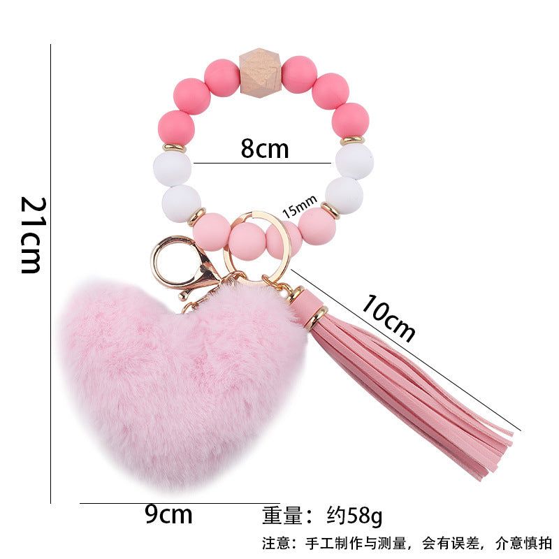 Heart Shape Fur Ball Tassel Silicone Beaded Wrist
