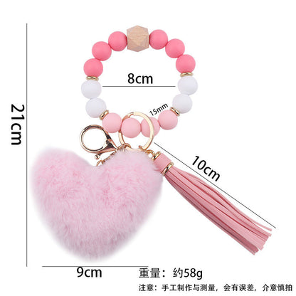 Heart Shape Fur Ball Tassel Silicone Beaded Wrist