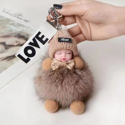 Real Fox Fur Ball Pendant Sleep Doll Keychain