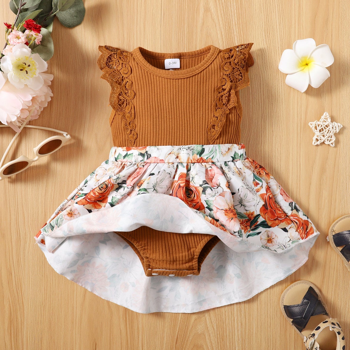 Lace Trim Polyester Floral Dress Baby Clothes