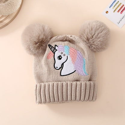 Children's Winter Knitted Hat Unicorn Double Ball Woolen Hat