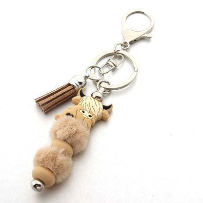 Cartoon Cow Hair Ball Silicone Beaded Keychain