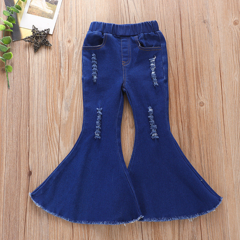 Wholesale Children's Cotton Tight Black Ripped Bell Bottoms