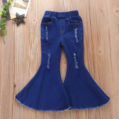 Wholesale Children's Cotton Tight Black Ripped Bell Bottoms