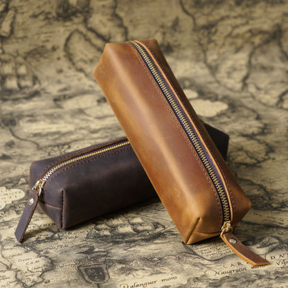 Handmade Cowhide Pen Large Capacity Storage Bag Zipper Pen Bag