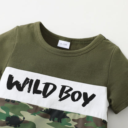 Cotton Camouflage Letter Print Short Sleeve Top Solid Color Shorts