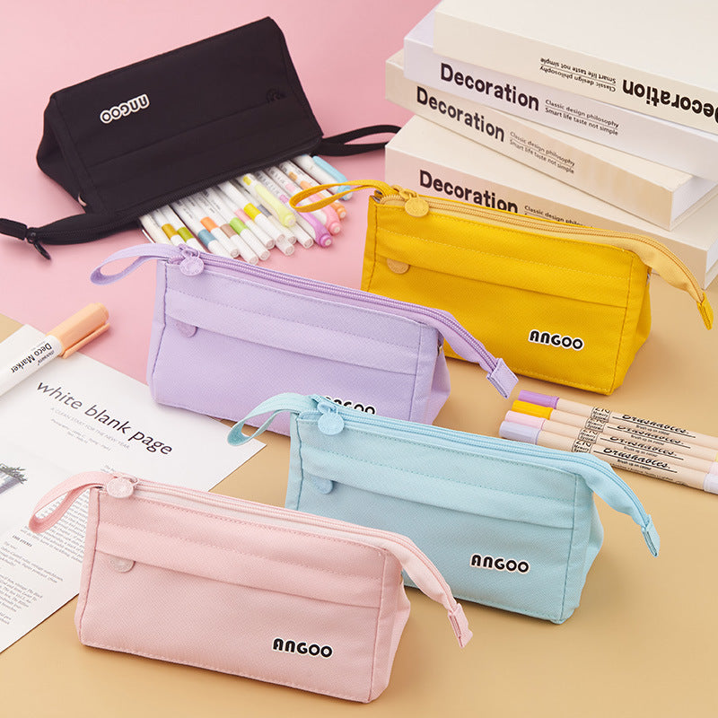 Portable Open Solid Color Canvas Pencil Case