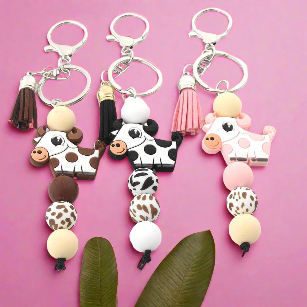 Cartoon Cow Silicone Beaded Keychain Cute Keychain