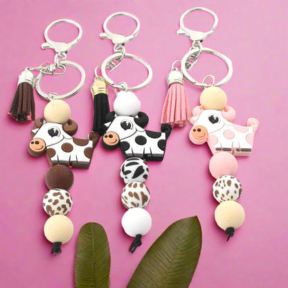 Cartoon Cow Silicone Beaded Keychain Cute Keychain