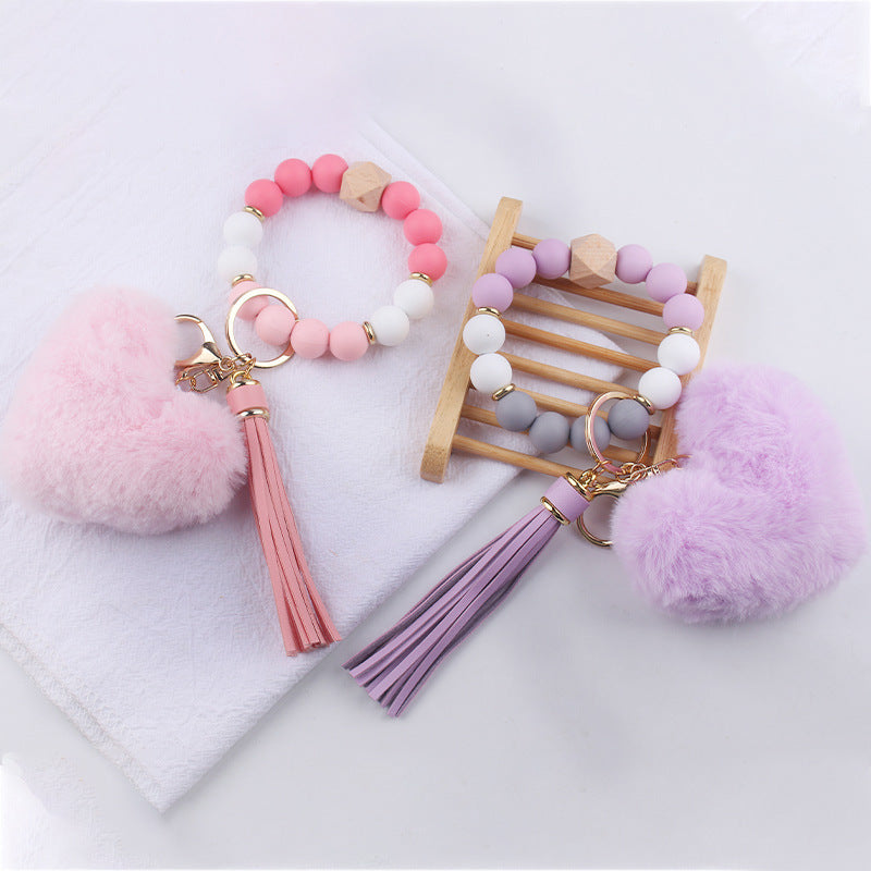 Heart Shape Fur Ball Tassel Silicone Beaded Wrist
