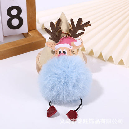 Christmas Leather Elk Santa Claus Fur Ball Keychain