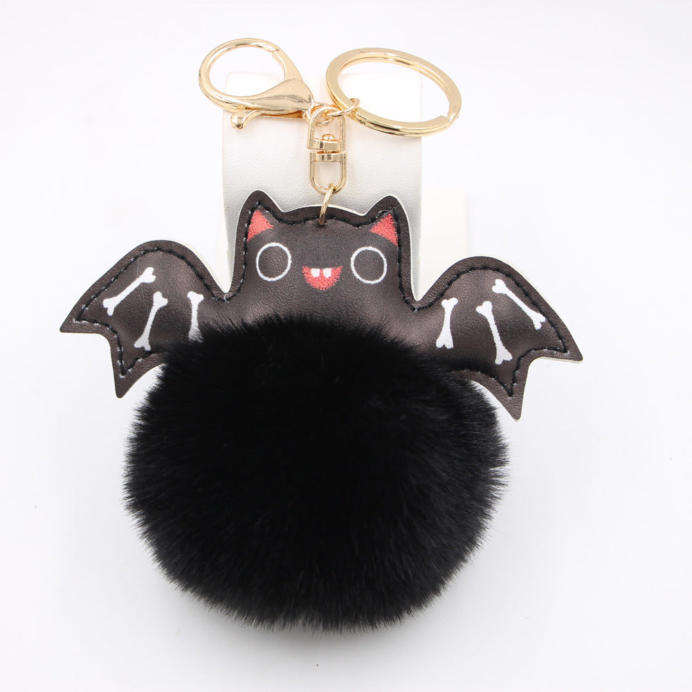 Halloween PU Leather Bat Fur Ball Keychain