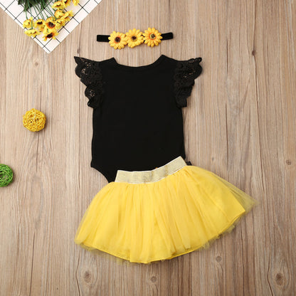Baby Little Black Bow Gauze Dress Three-piece set