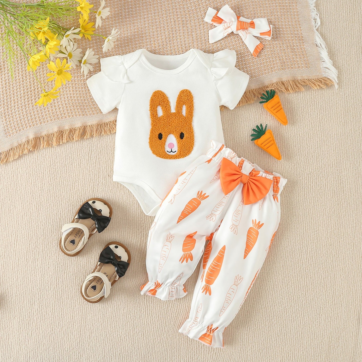 Easter Rabbit Embroidered Harper T-shirt Pants Cotton Set
