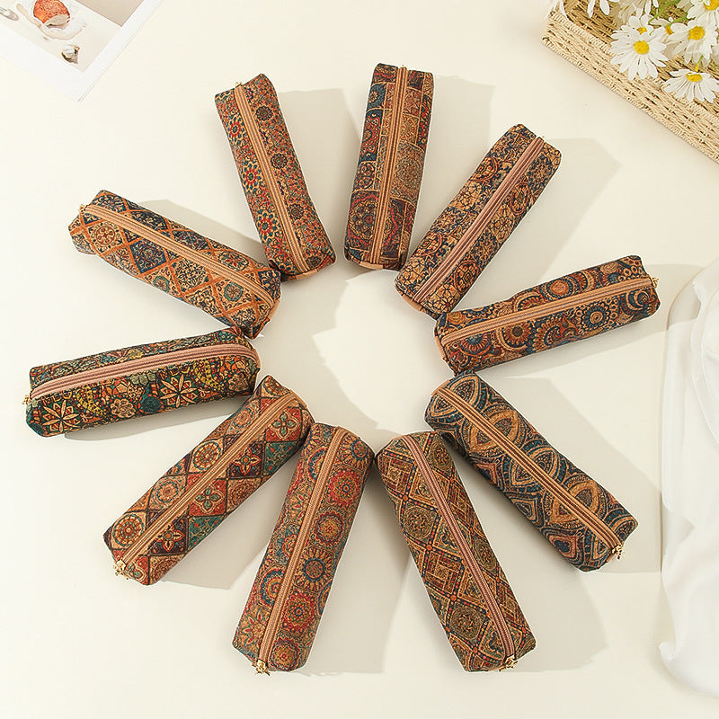 Retro Patterned Leather Large Capacity Pencil Case