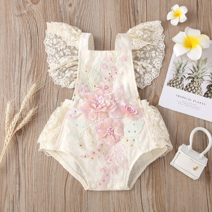 Lace Mesh Flying Sleeves Pearl Triangle Siamese Baby Clothes