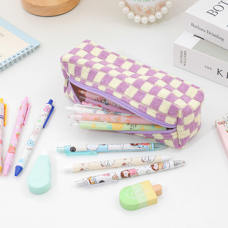 Plush Knitted Wool Checkerboard Pencil Case